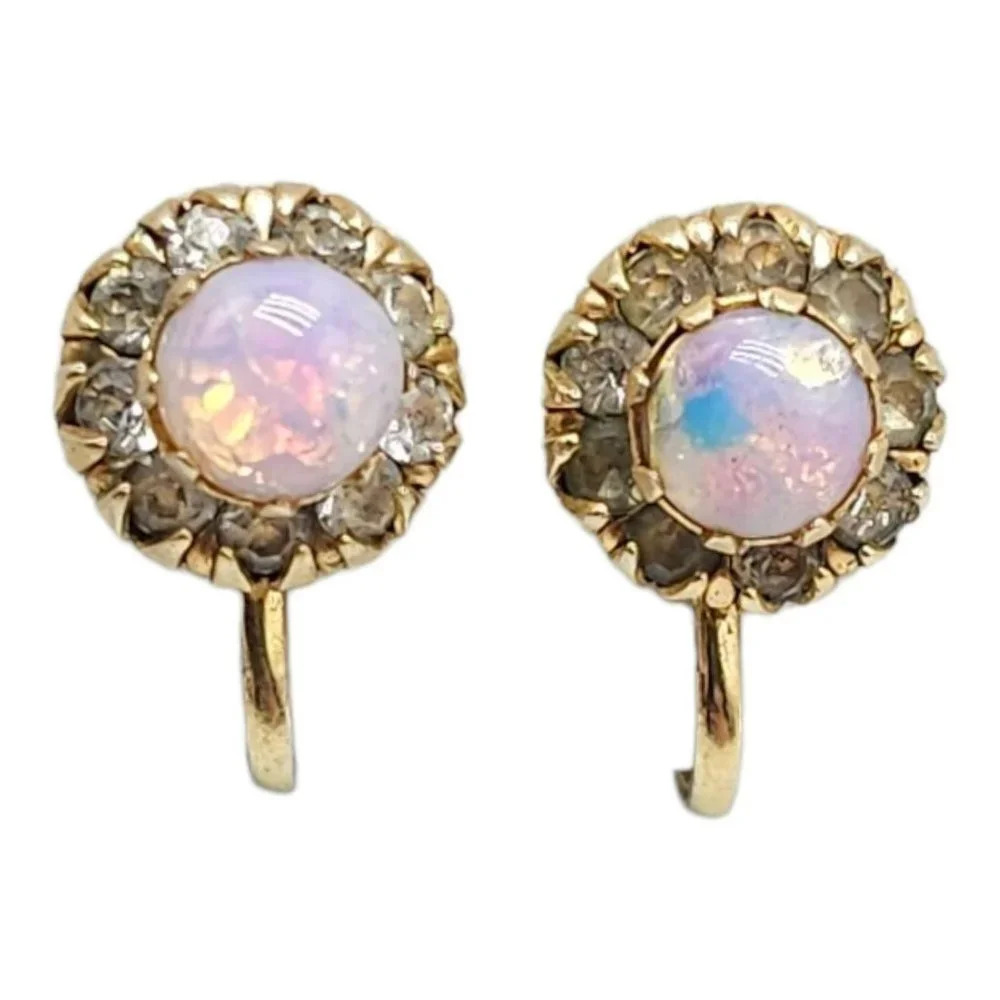 Foil Glass Cabochon Rhinestone Stud Earrings Screw Back Closure Gold Tone VTG